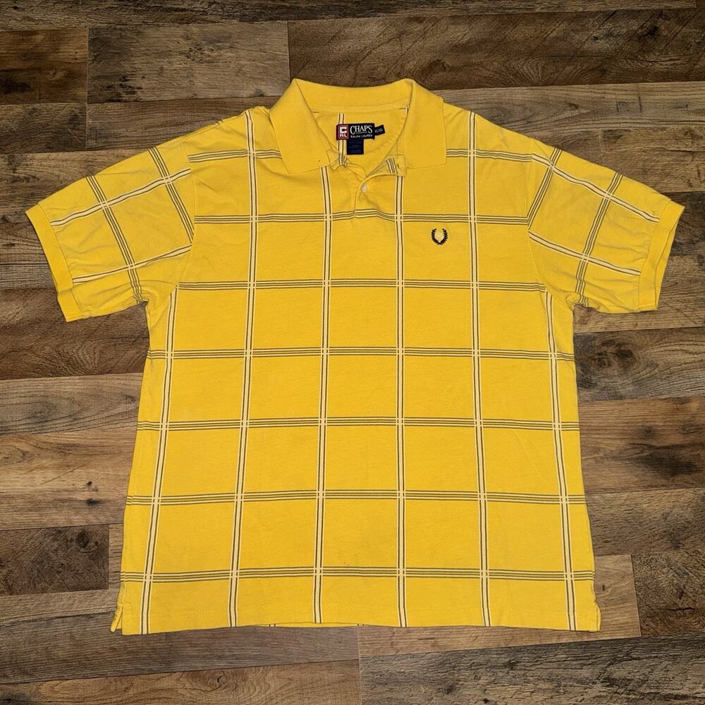 Vintage Ralph Lauren Chaps Shirt Polo Men XL Yellow Grid Pattern Crest Logo